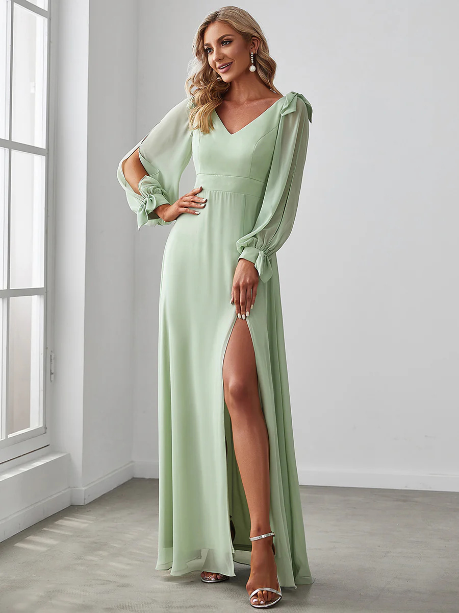 Long Lantern Sleeves A Line V Neck Bridesmaid Dresses #EMES80116