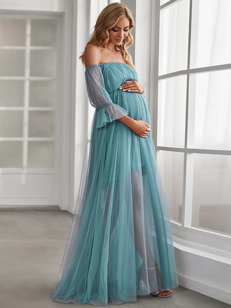 A-Line Short Puff Sleeves Maternity Bridesmaid Dress #EMEY20862