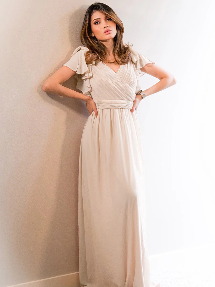 Maxi Long Chiffon Bridesmaid Dress With Ruffles Sleeves #EMEZ07709