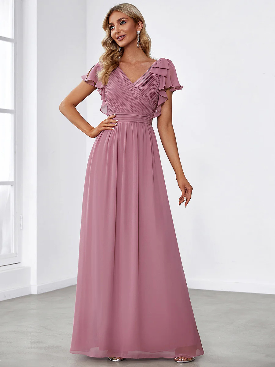 Maxi Long Chiffon Bridesmaid Dress With Ruffles Sleeves #EMEZ07709