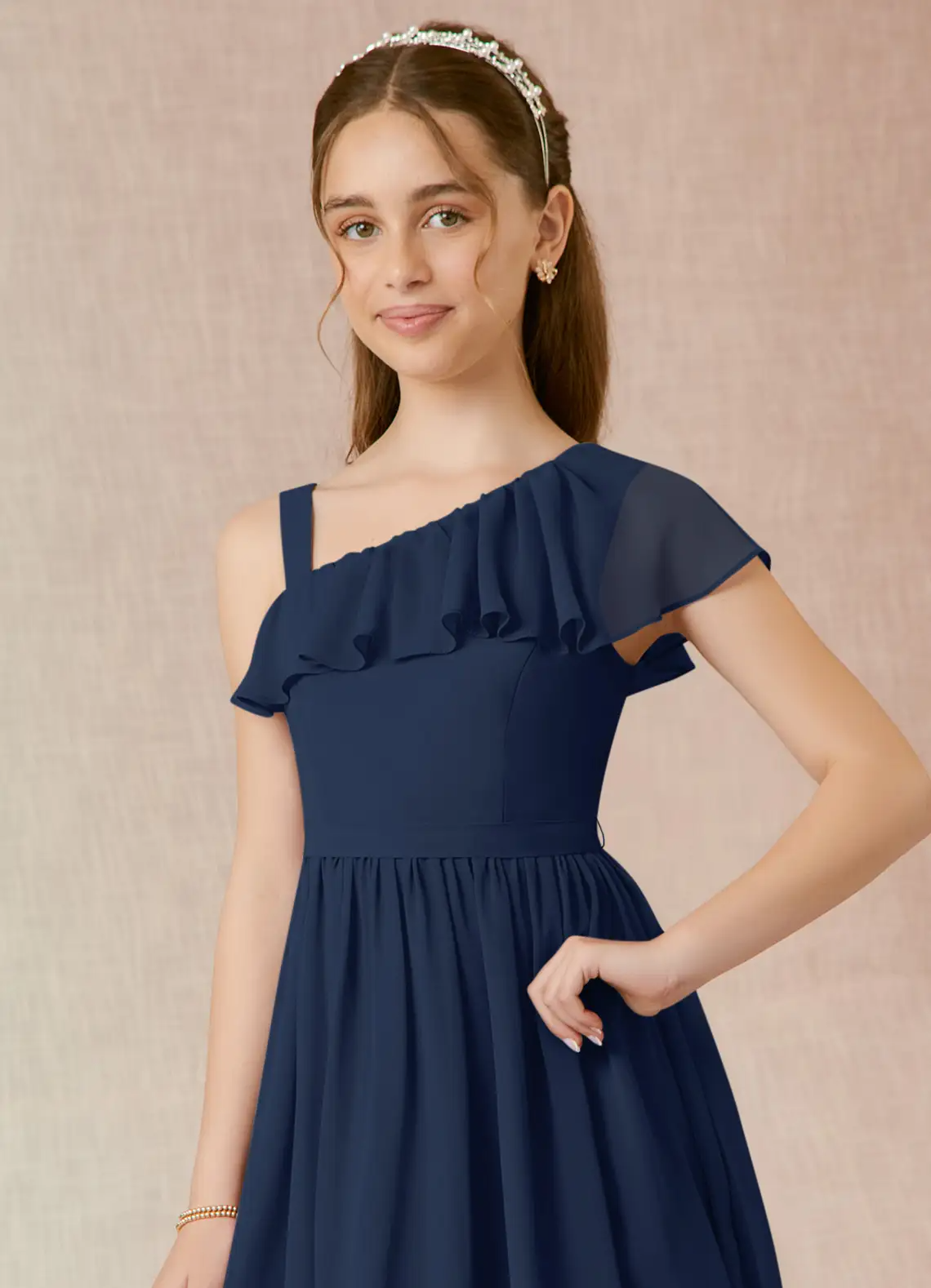 A-Line Ruched Chiffon Dark Navy Junior Bridesmaid Dress