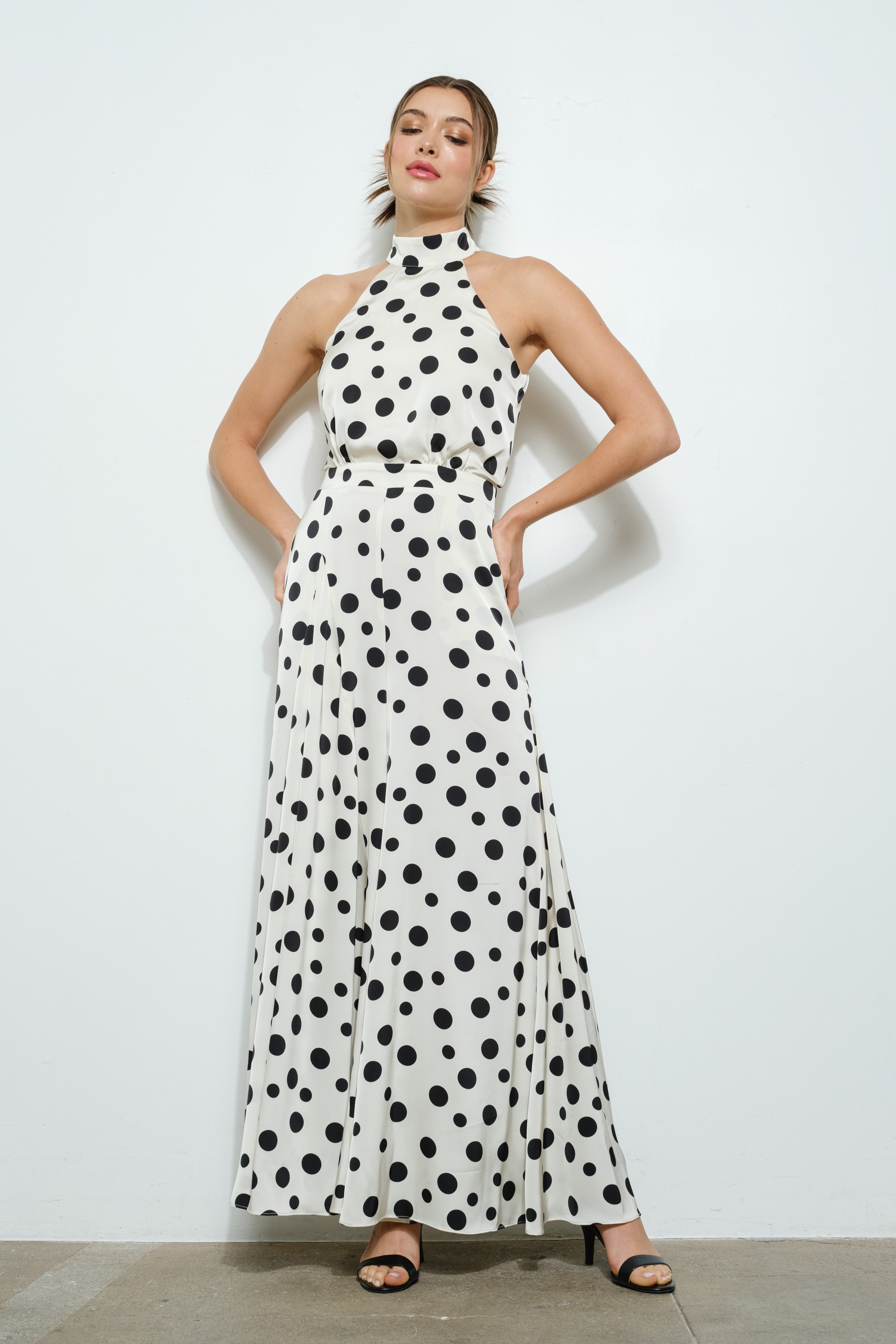 Polka Dot Print Halter Neck Wide-leg Jumpsuit #23673191
