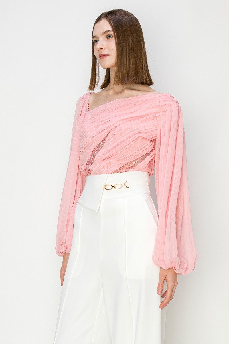 Chiffone Lace See-Through Pleated Balloon Sleeves Blouse #21984810