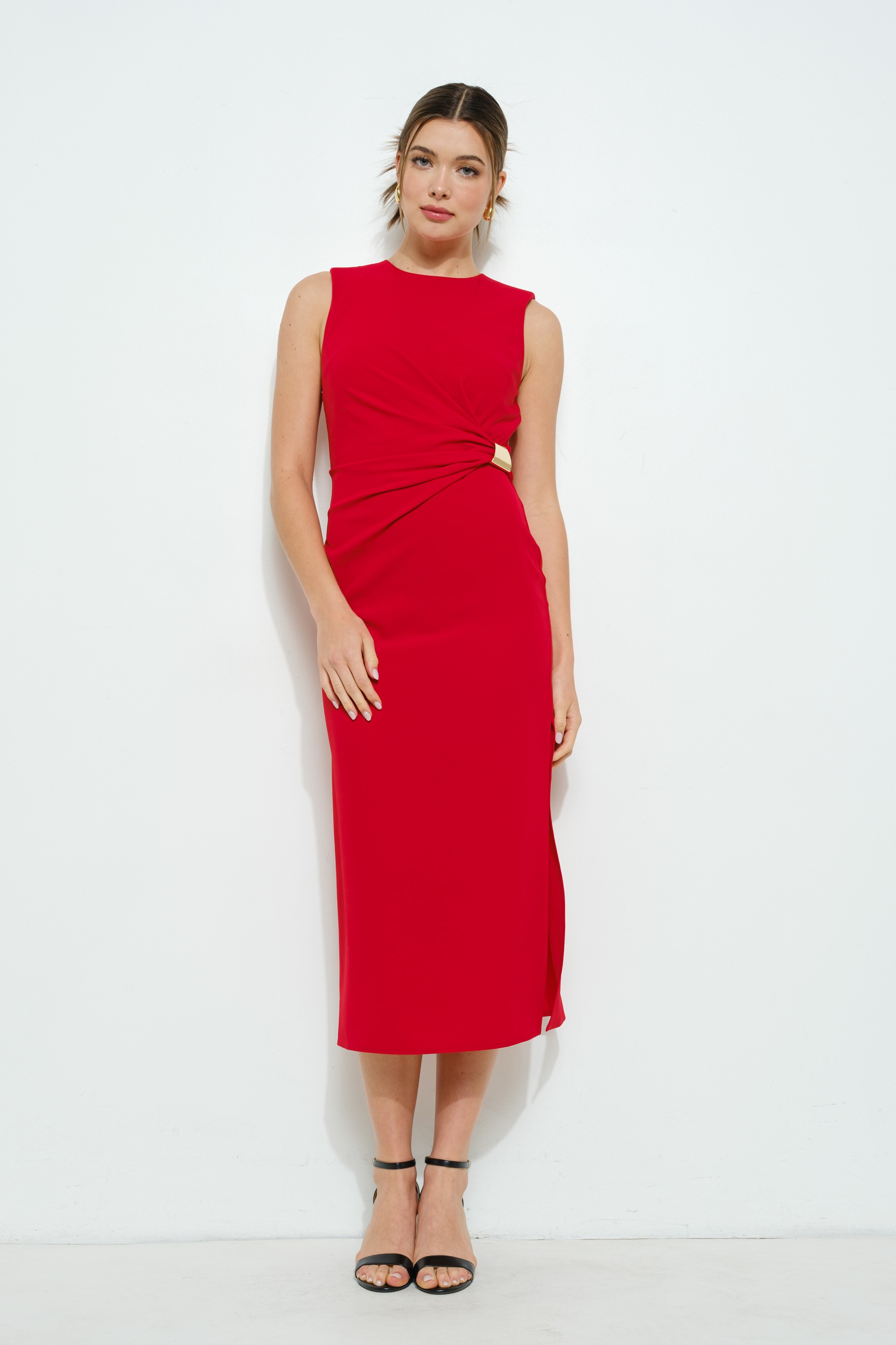 Sleeveless Draped Gold Accent Midi Dress #23592597