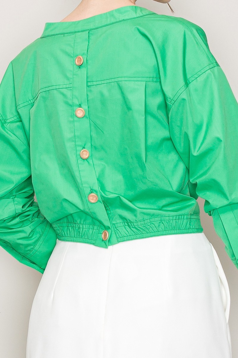 Long Sleeve Gathered Detail Shirt Crop Top #23493913
