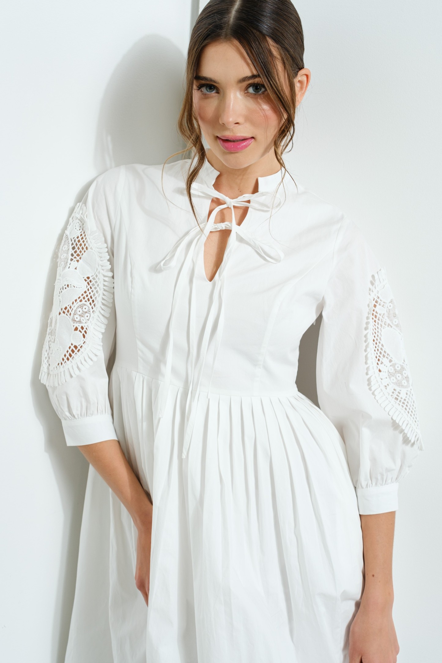 Cotton Lace Embroidered Balloon Sleeve Midi Dress #23536932