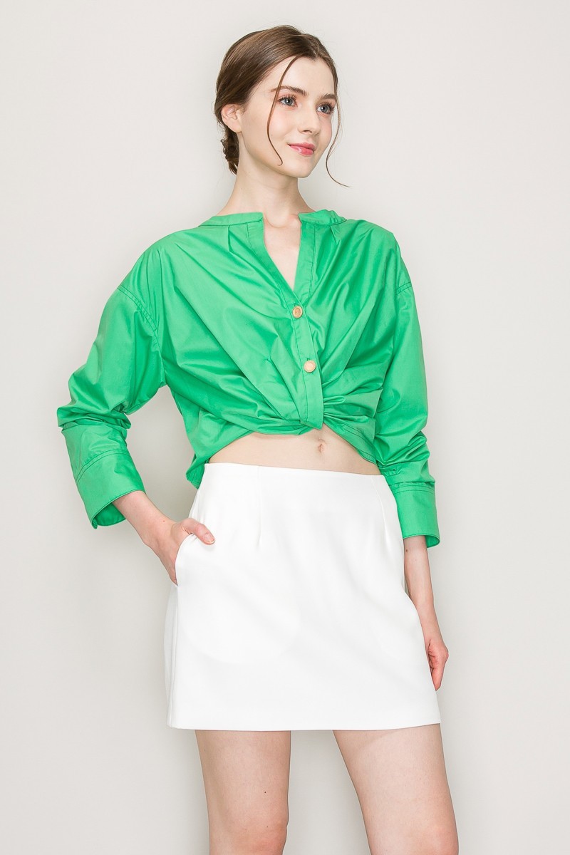 Long Sleeve Gathered Detail Shirt Crop Top #23493913