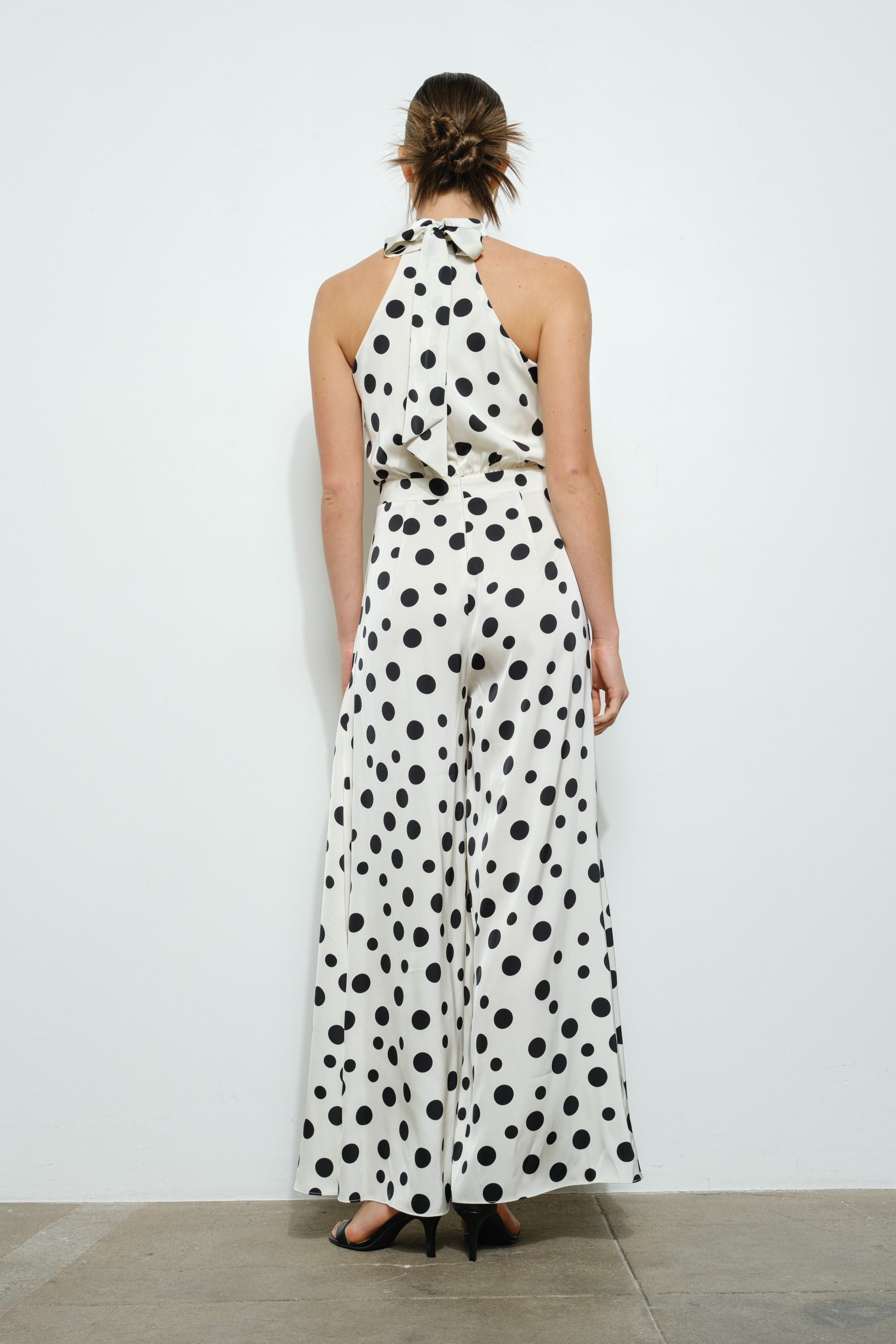 Polka Dot Print Halter Neck Wide-leg Jumpsuit #23673191