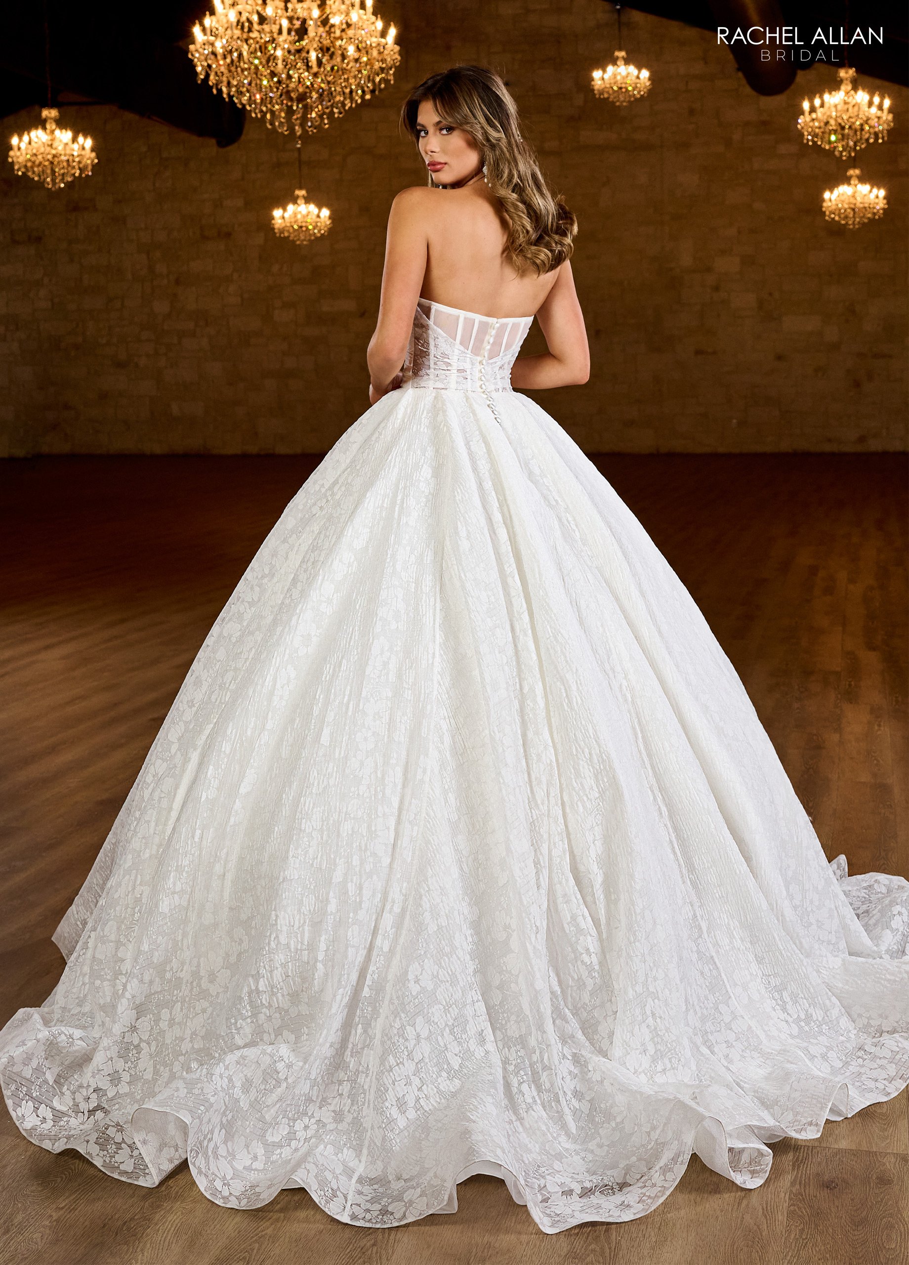 Luxurious Ball Gown Strapless Cinched Waist Print Organza Wedding Dress RB6150