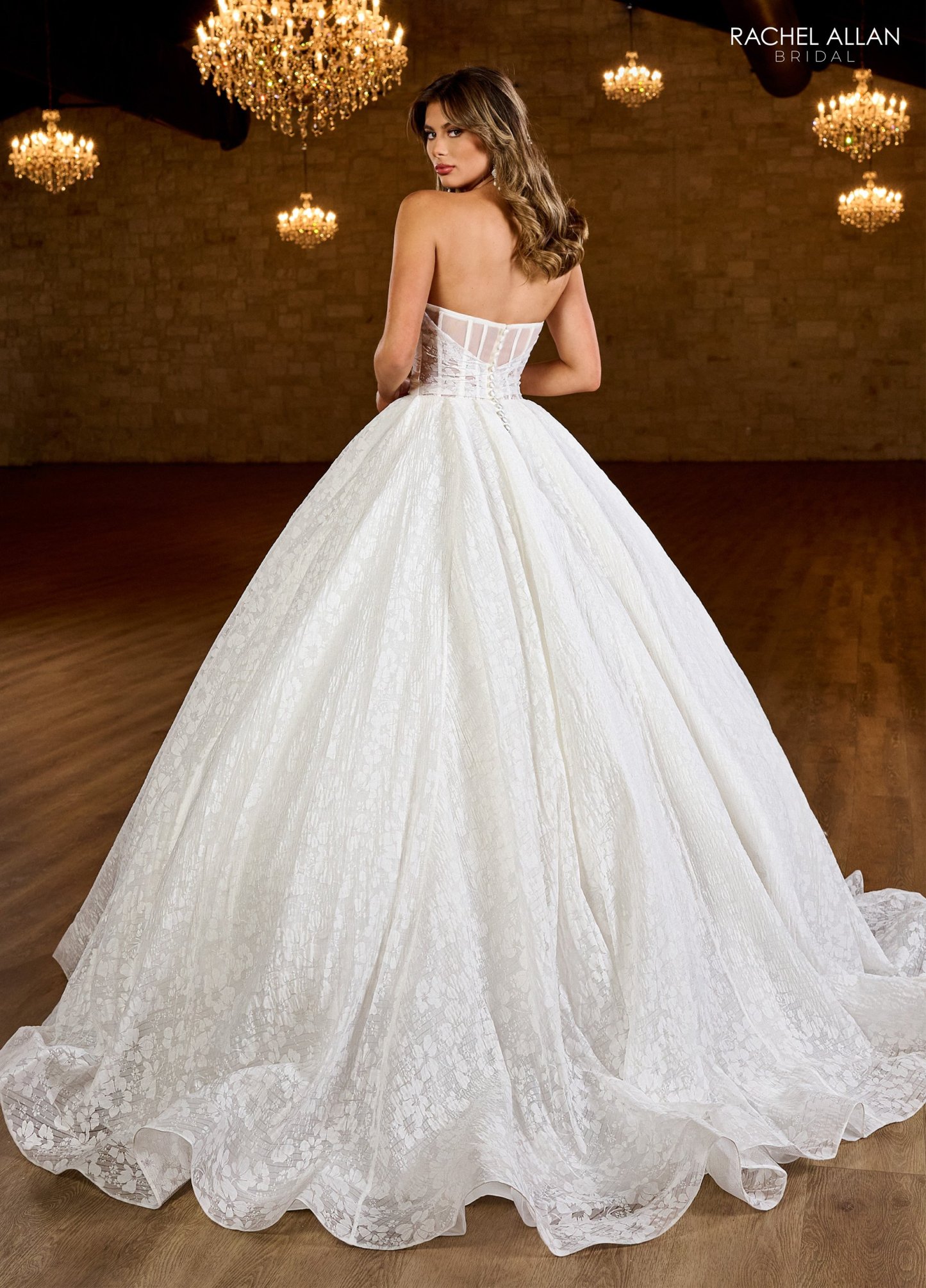 Luxurious Ball Gown Strapless Cinched Waist Print Organza Wedding Dress RB6150