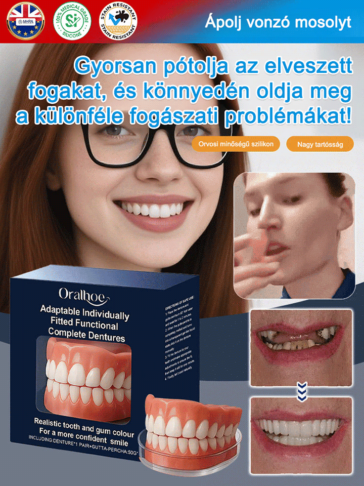 Visszanyert magabiztos mosoly! Az önadaptív anyag stabil illeszkedést garantál: nincs elmozdulás, még alma rágásánál sem.