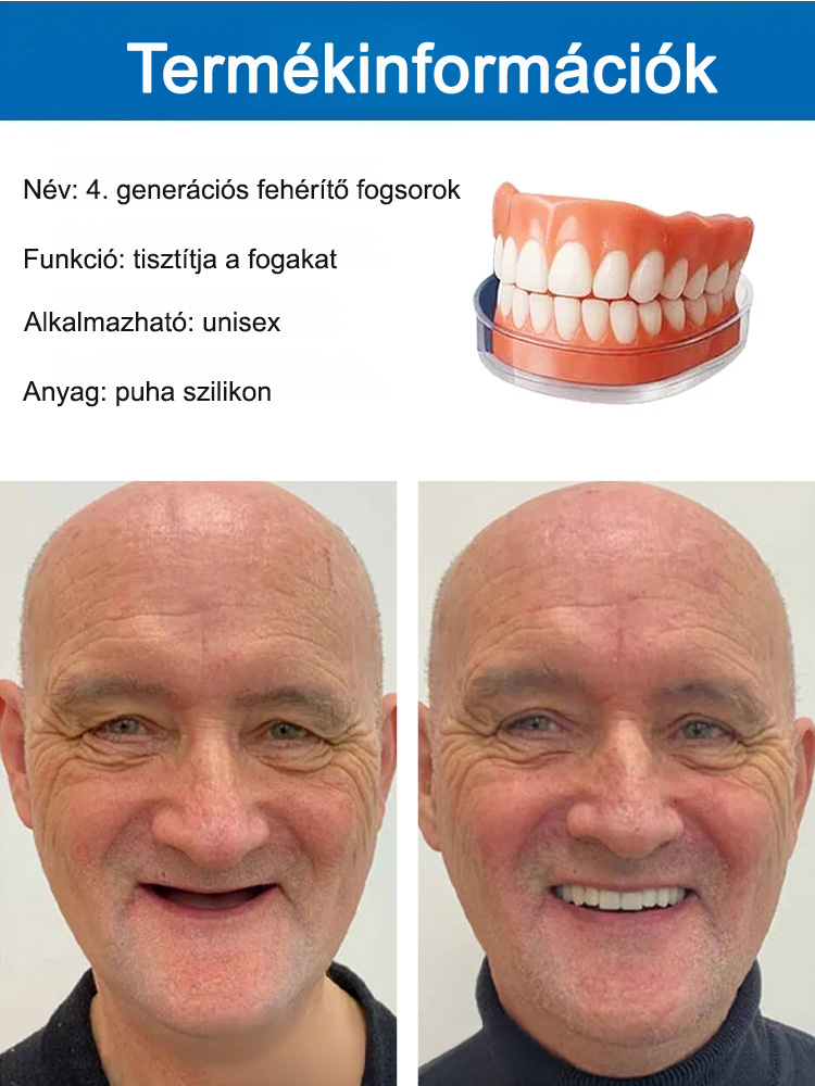 Visszanyert magabiztos mosoly! Az önadaptív anyag stabil illeszkedést garantál: nincs elmozdulás, még alma rágásánál sem.