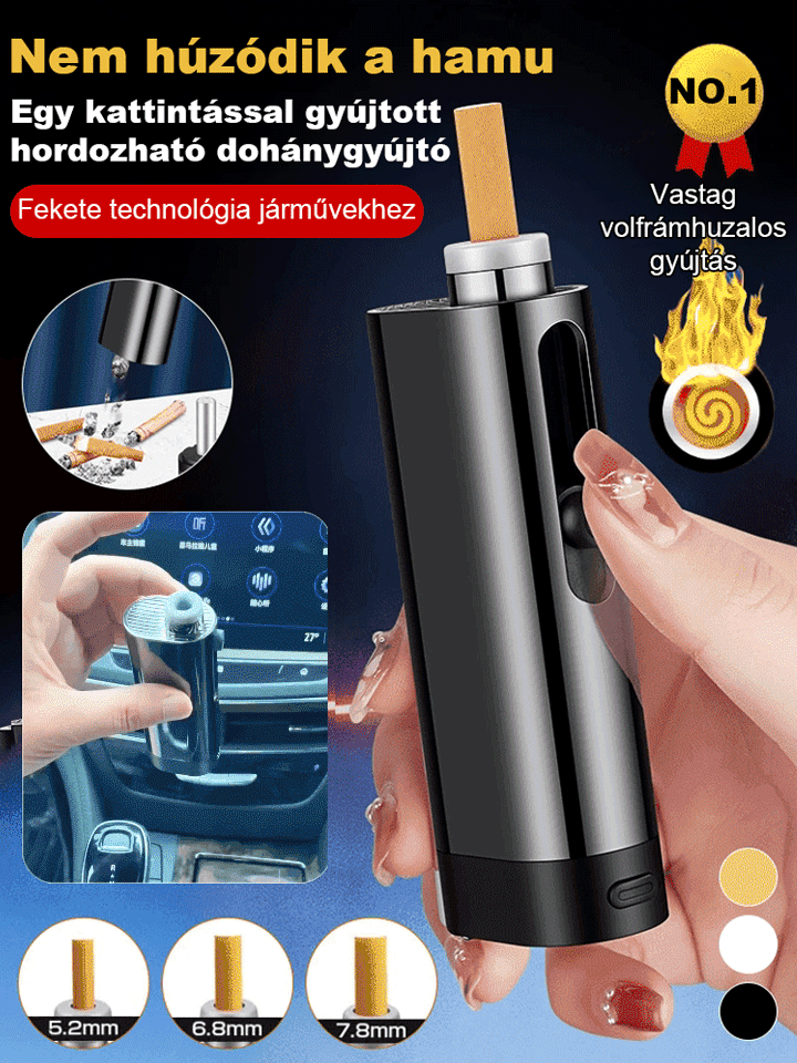 Elege van a hamuból és a cigarettafüstből? Csak helyezzen be egy cigarettát, és finoman nyomja meg. A volfrámszál automatikusan begyullad – a biztonságos dohányzásért, akár vezetés közben is.