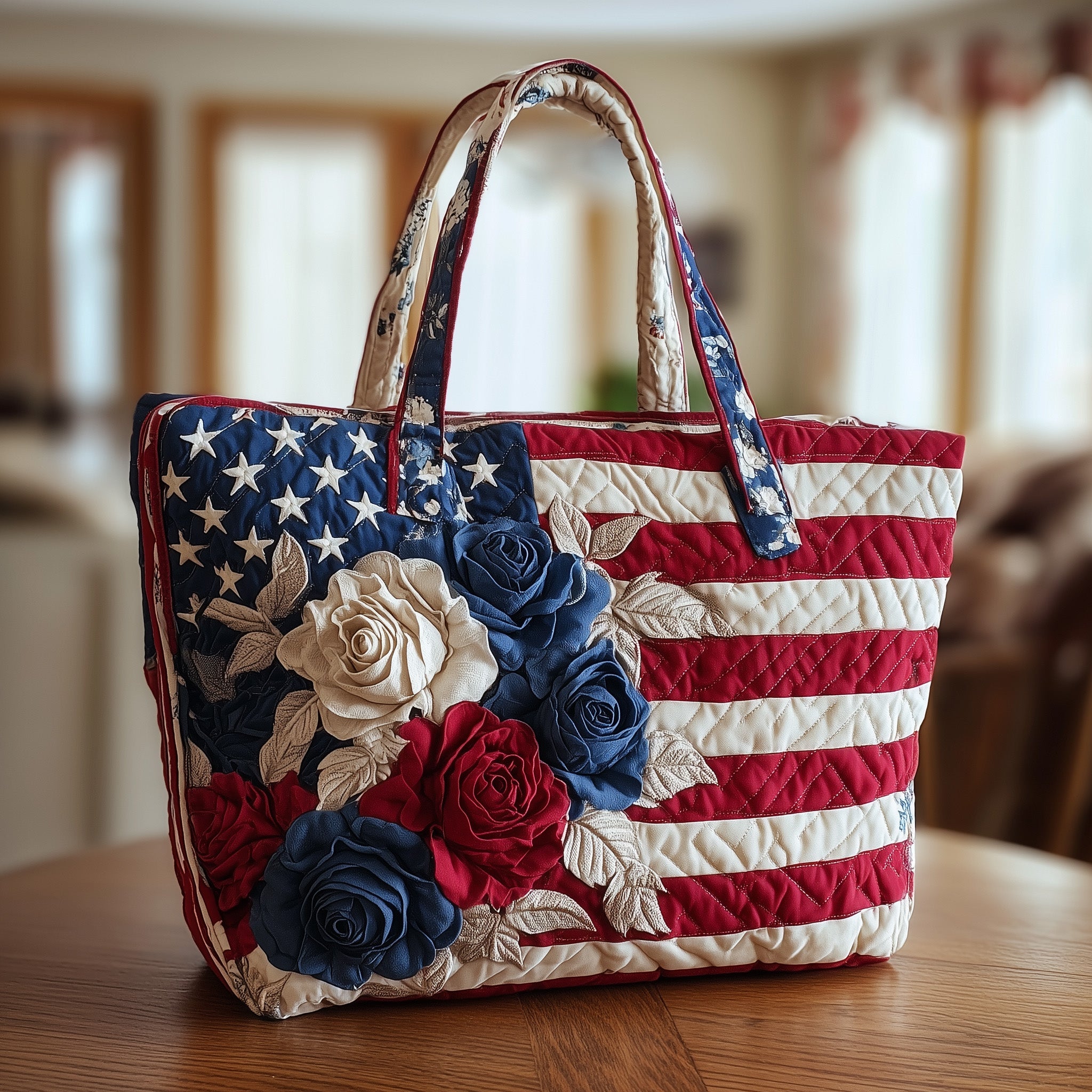 Patriotic Rose Quilted Tote Bag