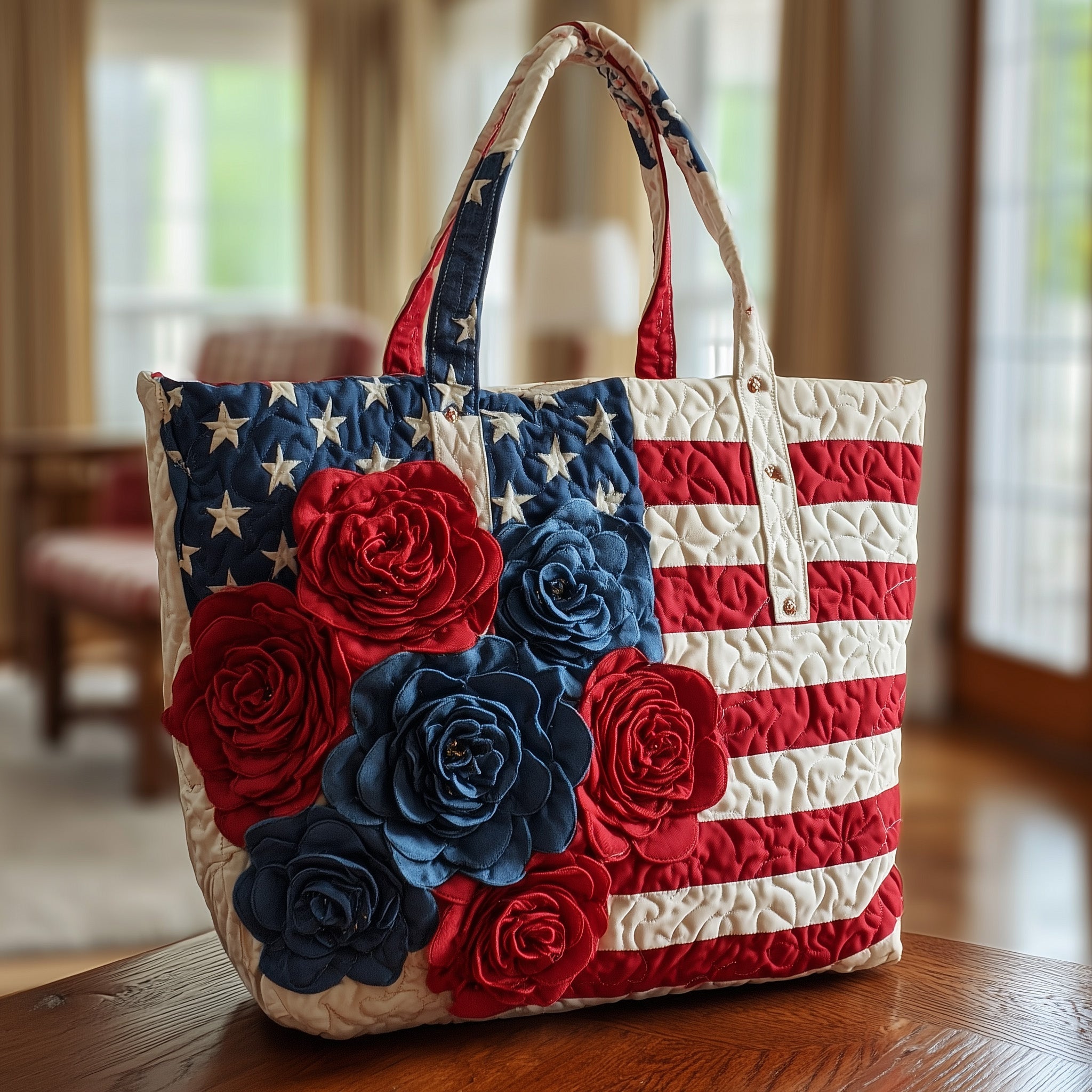 Patriotic Rose Quilted Tote Bag