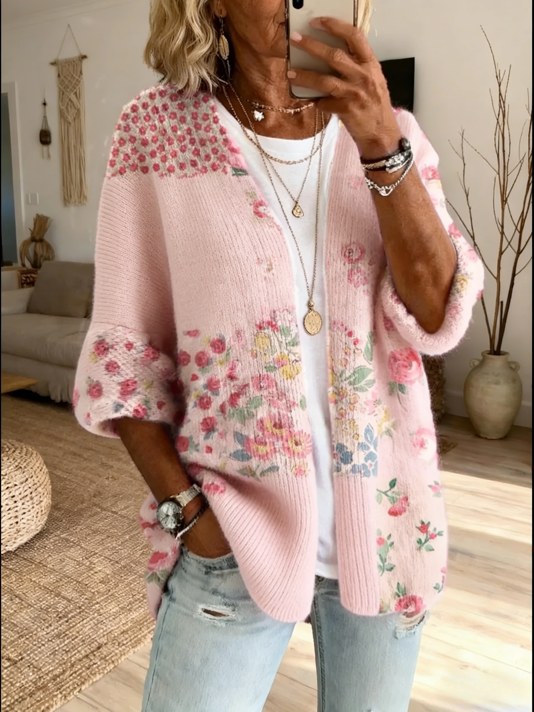 Women's Vintage Patchwork Floral Art Print Casual Cardigan Sweater