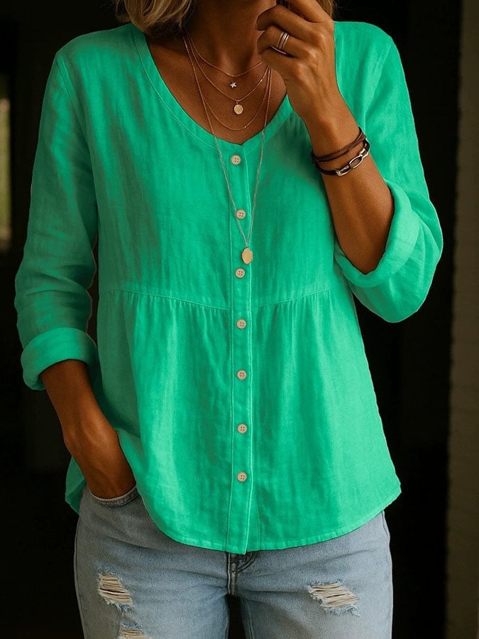 Women's Casual Solid Color V-Neck Long Sleeve Cotton and Linen Button Top