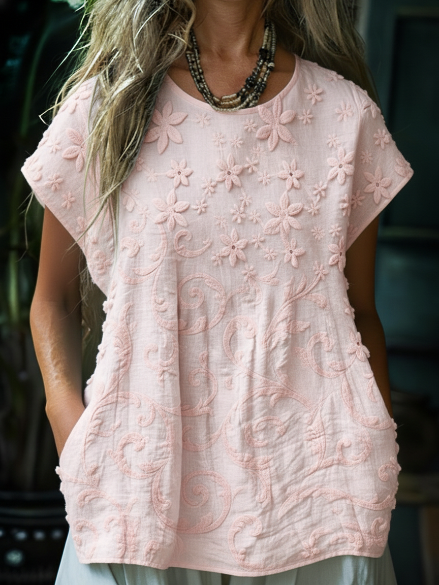 Women's Solid Color Floral Embroidery Printed Casual Round Neck Short Sleeve Cotton Top