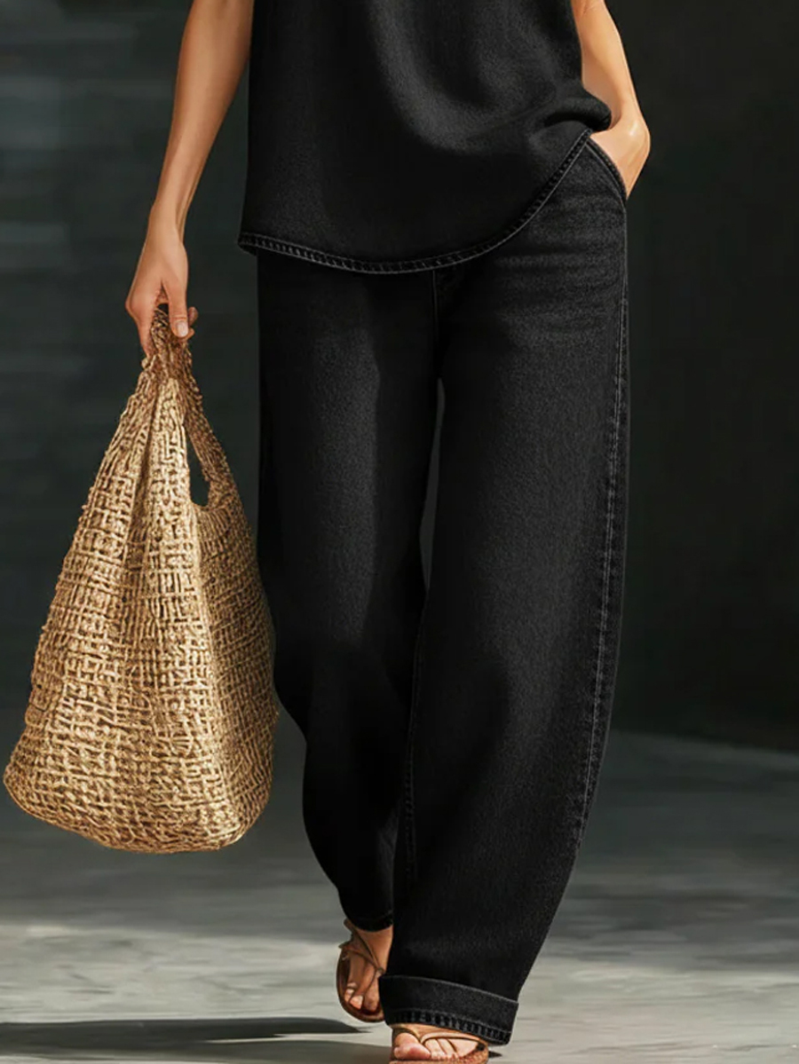 Loose Wide Leg Pockets Solid Color Jean Pants Bottoms