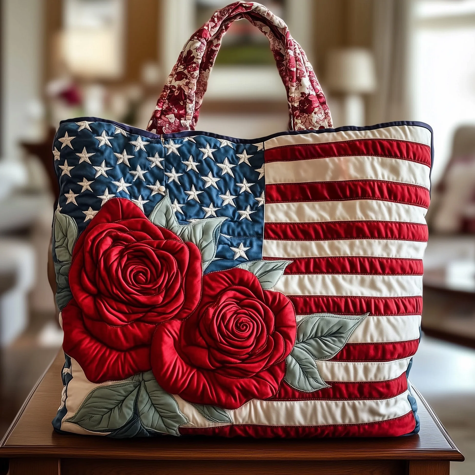 Patriotic Rose Quilted Tote Bag