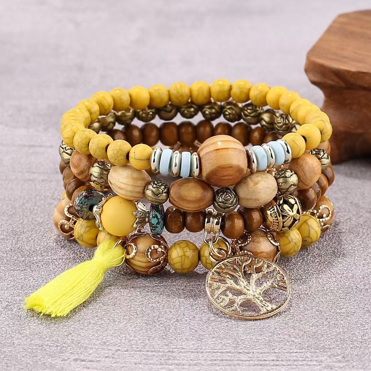 Ethnic Multi Layered Wooden Beads Stretch String Bracelet