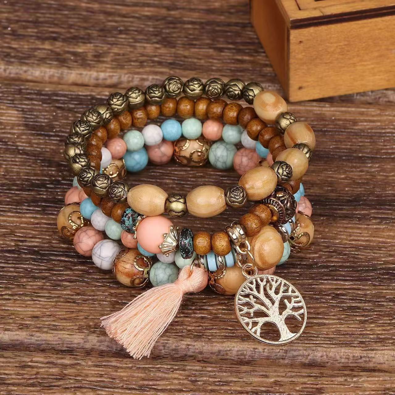 Ethnic Multi Layered Wooden Beads Stretch String Bracelet