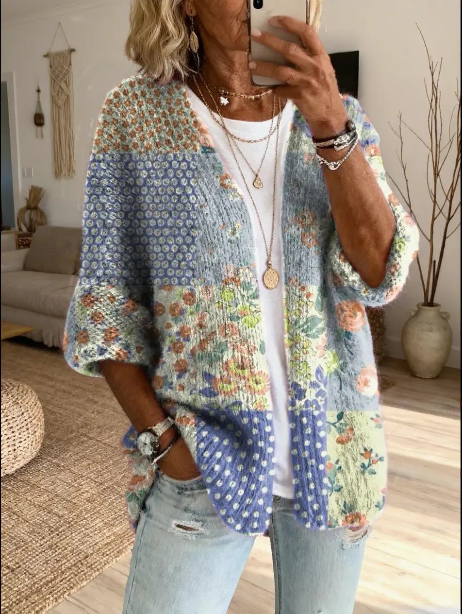 Women's Vintage Patchwork Floral Art Print Casual Cardigan Sweater