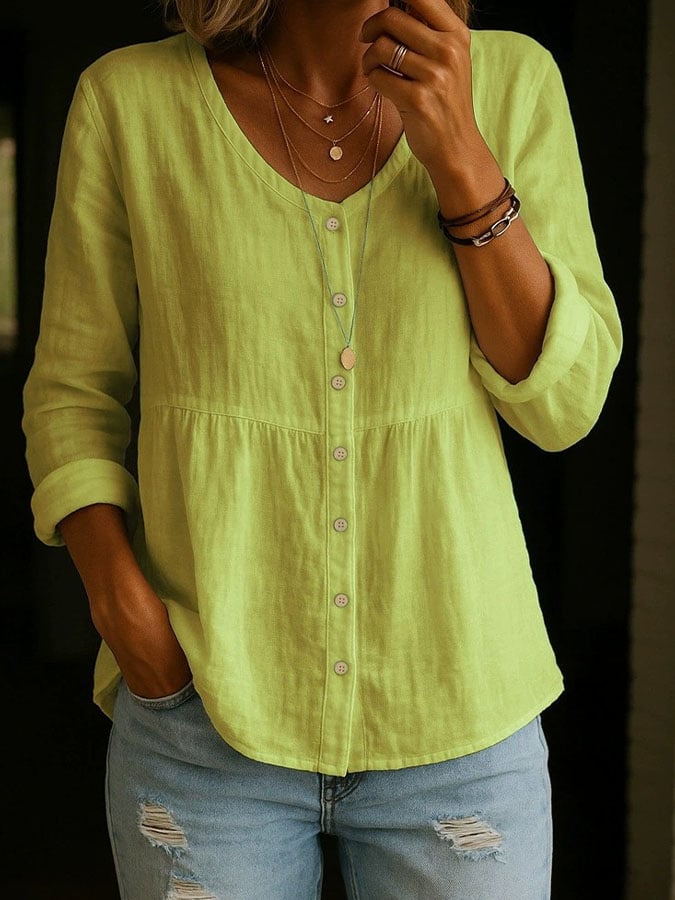 Women's Casual Solid Color V-Neck Long Sleeve Cotton and Linen Button Top