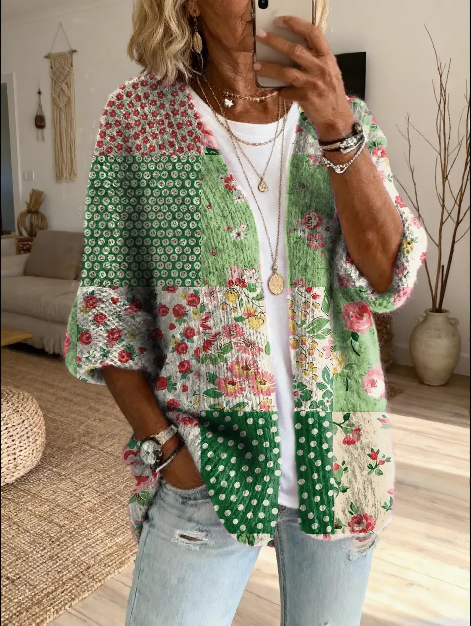 Women's Vintage Patchwork Floral Art Print Casual Cardigan Sweater
