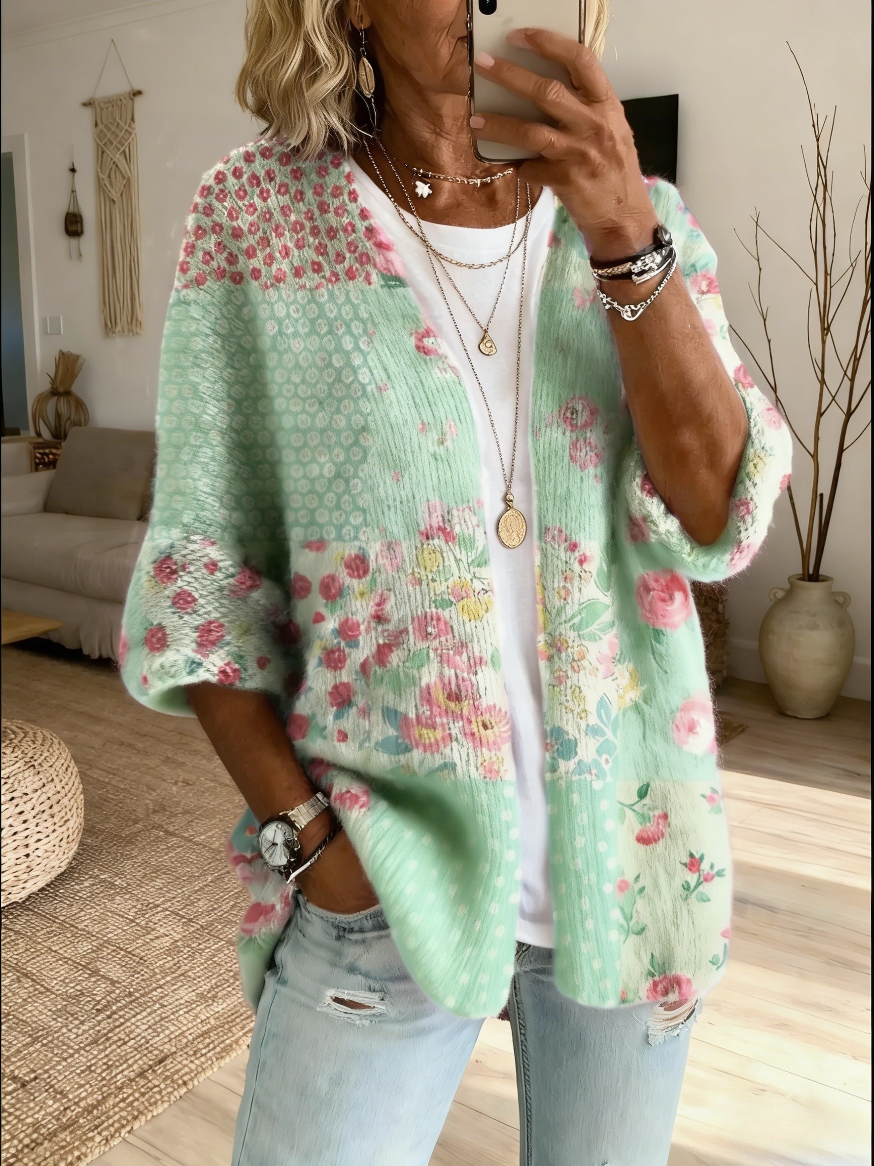 Women's Vintage Patchwork Floral Art Print Casual Cardigan Sweater