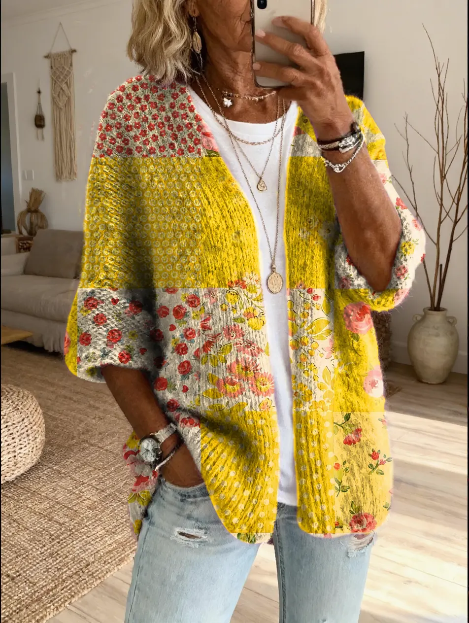Women's Vintage Patchwork Floral Art Print Casual Cardigan Sweater