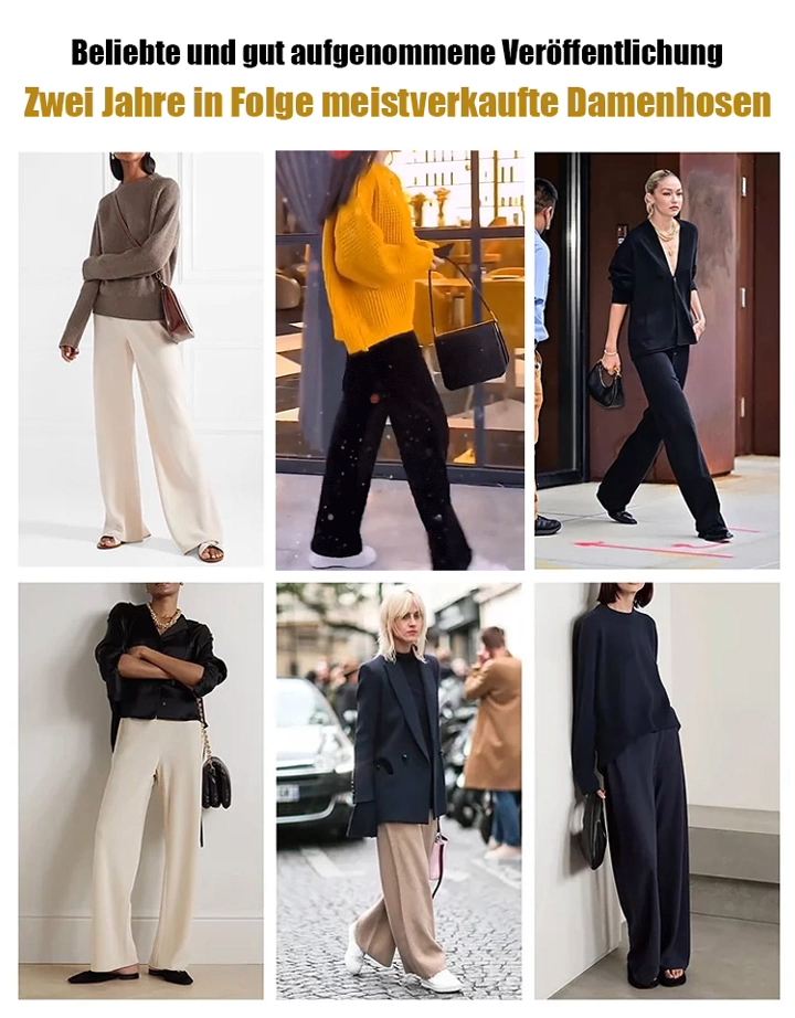 Bauchverdeckende, beinverlängernde, gefütterte, bequeme weite Hose.