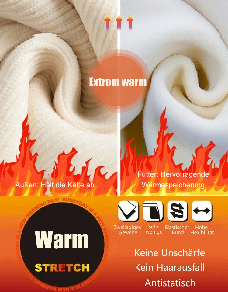 Bauchverdeckende, beinverlängernde, gefütterte, bequeme weite Hose.