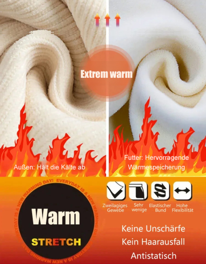 Bauchverdeckende, beinverlängernde, gefütterte, bequeme weite Hose.