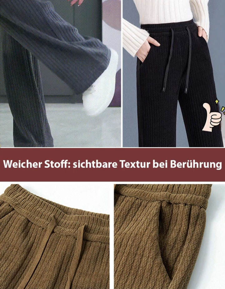 Bauchverdeckende, beinverlängernde, gefütterte, bequeme weite Hose.