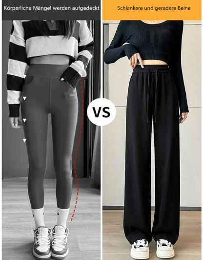 Bauchverdeckende, beinverlängernde, gefütterte, bequeme weite Hose.