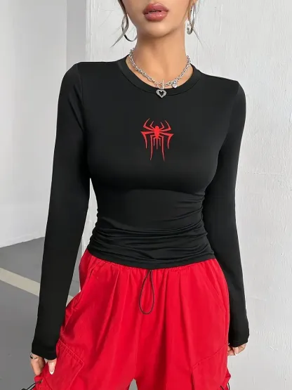 Women's Knitted Base Spider Print T-Shirt-Black