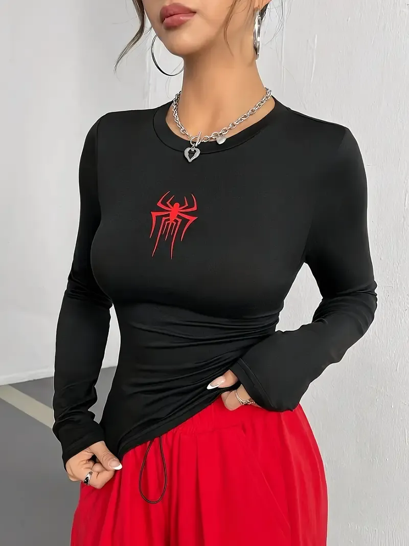 Women's Knitted Base Spider Print T-Shirt-Black