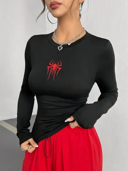 Women's Knitted Base Spider Print T-Shirt-Black