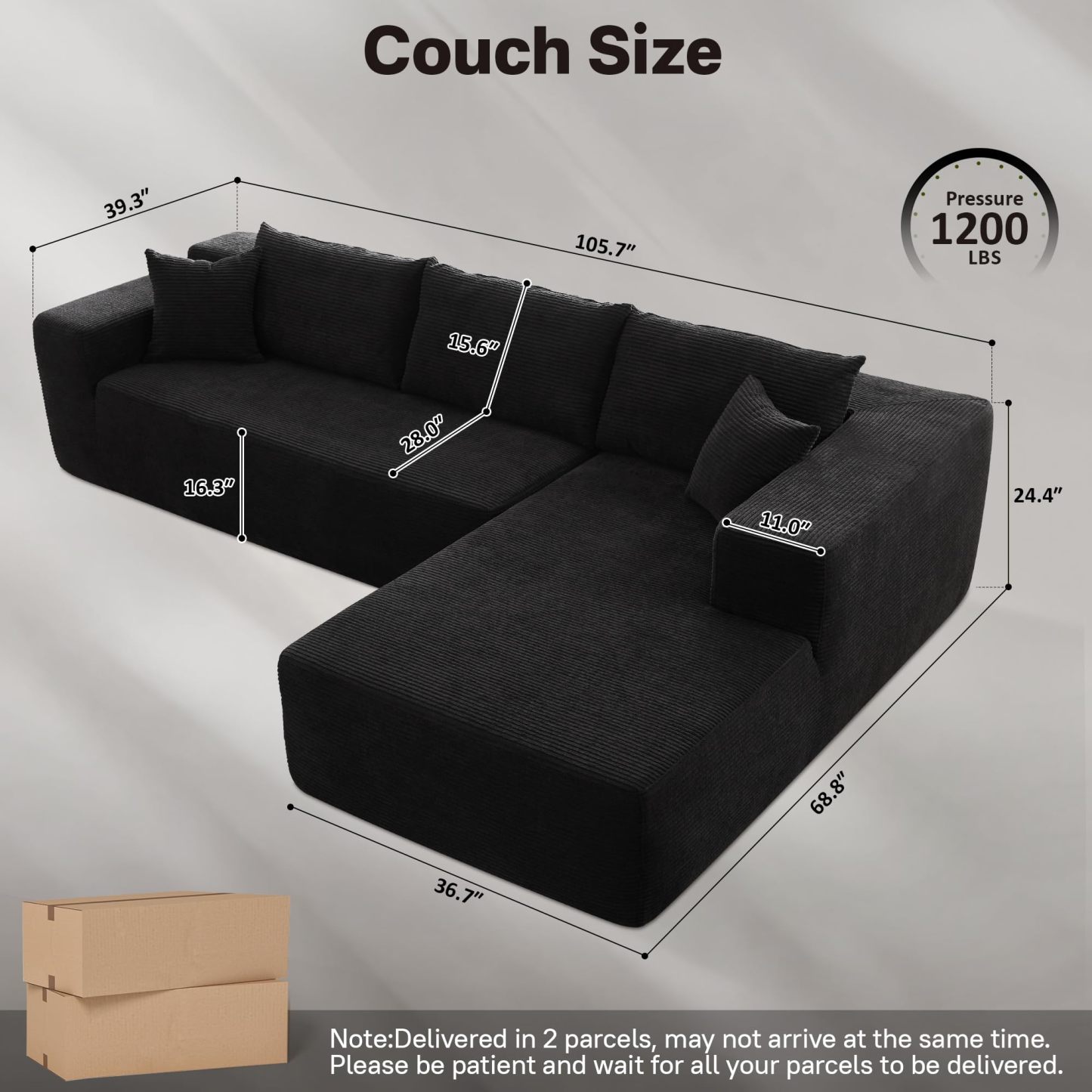 OVthtIOS 104" L-Shape Modular Couch with Chaise, Plush Corduroy Fabric, No Assembly Required