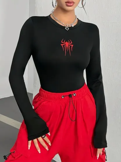 Women's Knitted Base Spider Print T-Shirt-Black