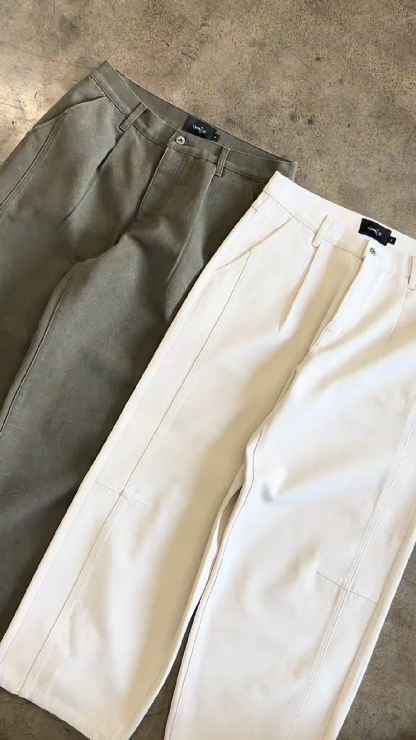 Wide-leg canvas pleated trousers