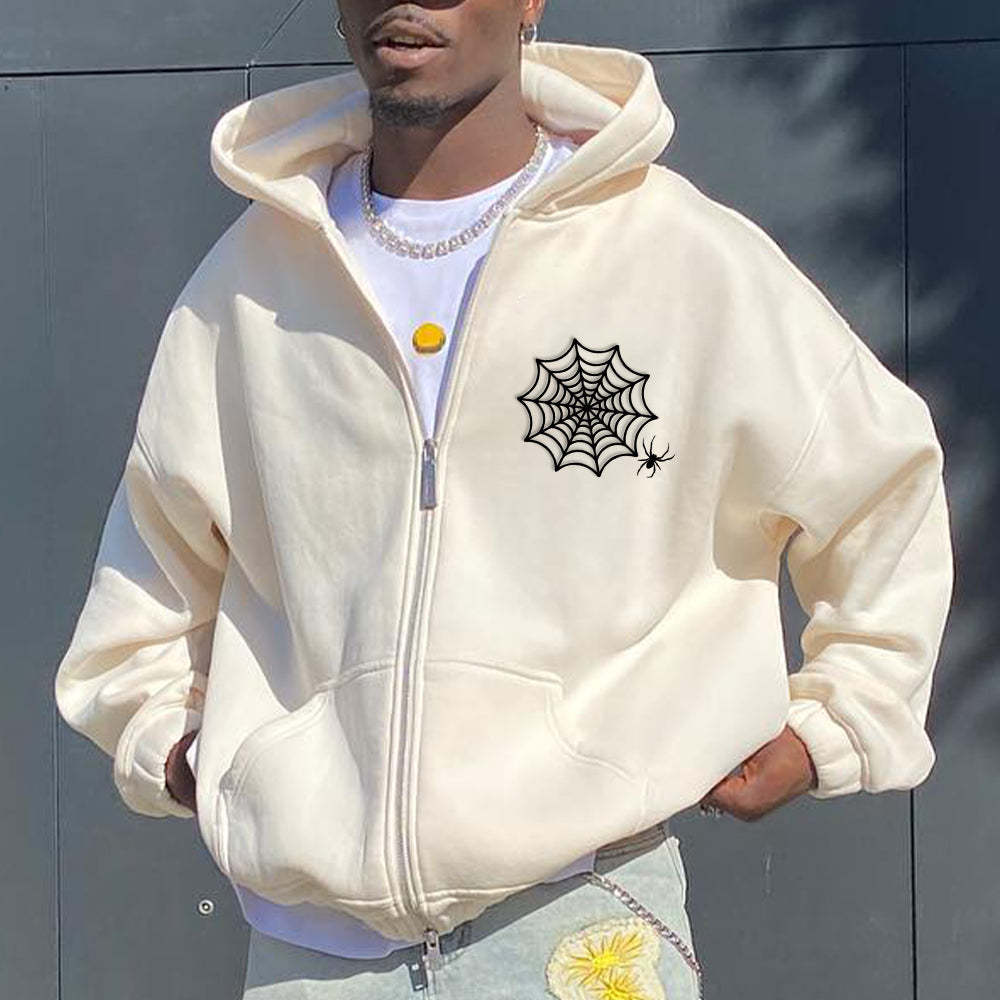 Trendy Spider Web Print Zip Pocket Hoodie Sweatshirt