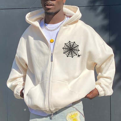 Trendy Spider Web Print Zip Pocket Hoodie Sweatshirt