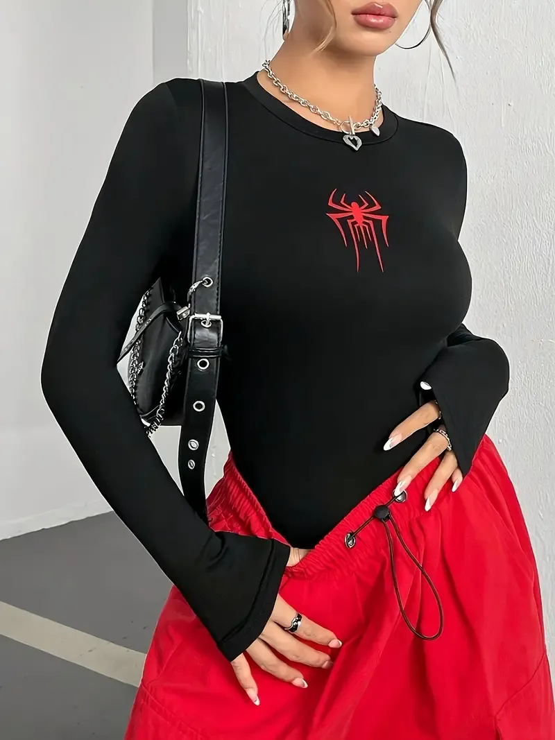 Women's Knitted Base Spider Print T-Shirt-Black