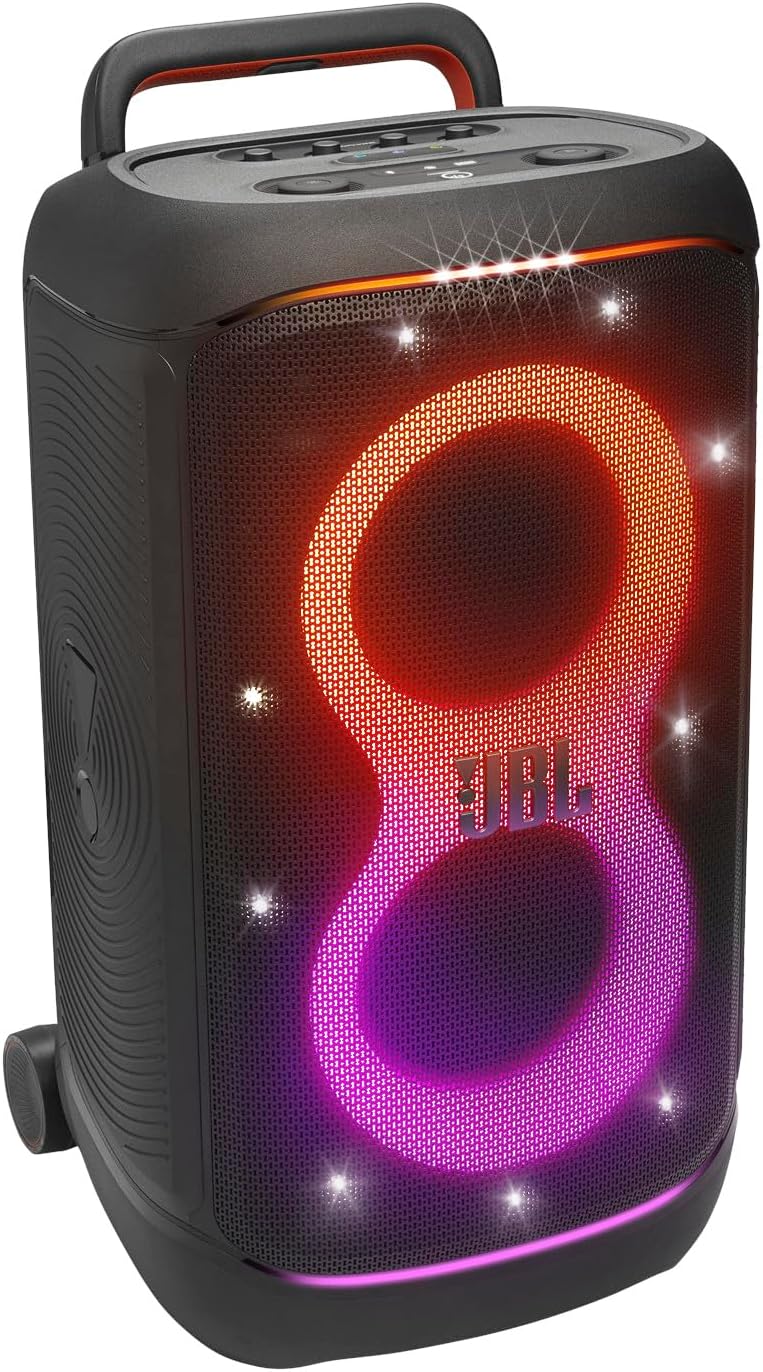 ParthttyBox 520 - Portable Battery-Powered Party Speaker with AI Sound Boost, Up to 15 Hours of Play time, IPX4 Splash Proof, Multi-Speaker Connection by Auracast, and Telescopic Handle (Black)