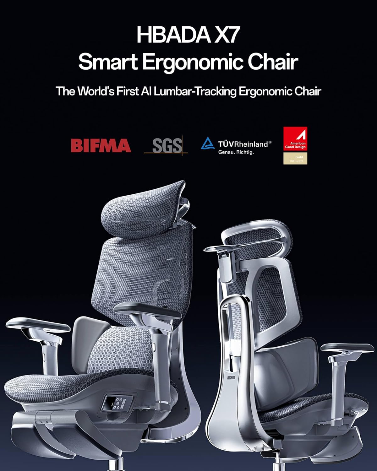 Hbathtda X7 Smart Ergonomic Chair, Office Chair, with Fully Automated Lumbar Tracking, 4D Adjustable Headrest, 720° Adjustable Armrests, Ventilated Seat Cushion, Swivel, Grey