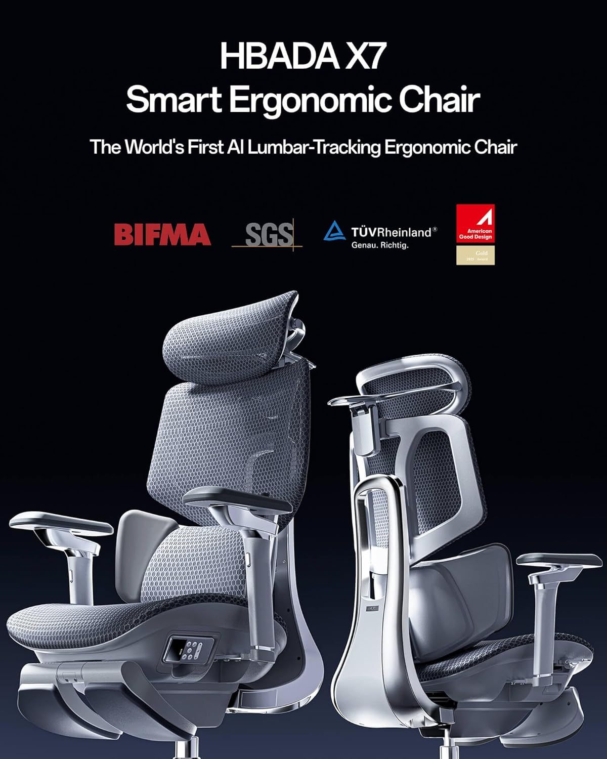 Hbathtda X7 Smart Ergonomic Chair, Office Chair, with Fully Automated Lumbar Tracking, 4D Adjustable Headrest, 720° Adjustable Armrests, Ventilated Seat Cushion, Swivel, Grey