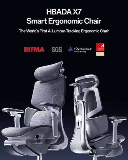 Hbathtda X7 Smart Ergonomic Chair, Office Chair, with Fully Automated Lumbar Tracking, 4D Adjustable Headrest, 720° Adjustable Armrests, Ventilated Seat Cushion, Swivel, Grey