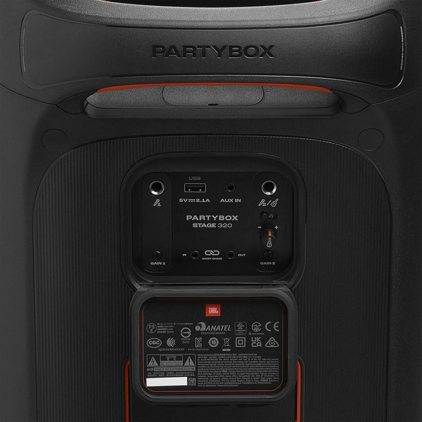 PartyBox Stage 320 - Portable Party Speaker with Telescopic Handle & Wide, Sturdy Wheels, Powerful Pro Sound, Futuristic lightshow, Up to 18 Hours of Play time, Splash Proof (White)